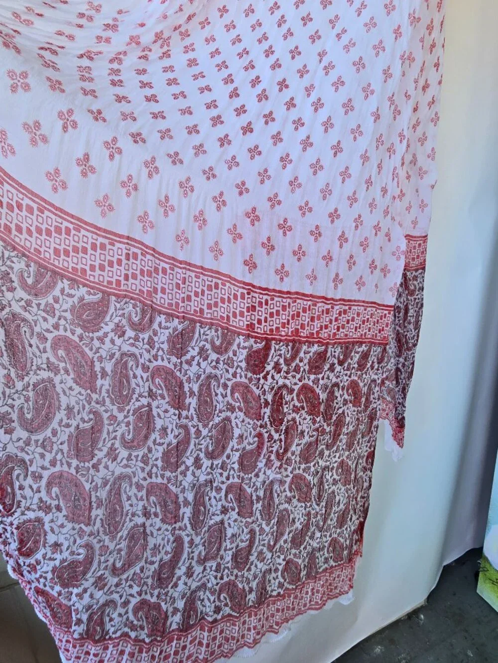 Red White Floral Boho Scarf Sheer Flowy Wrap Shawl Romantic Causual Evening